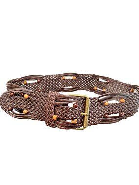 Womens Boho Brown Woven Beaded Belt 39"